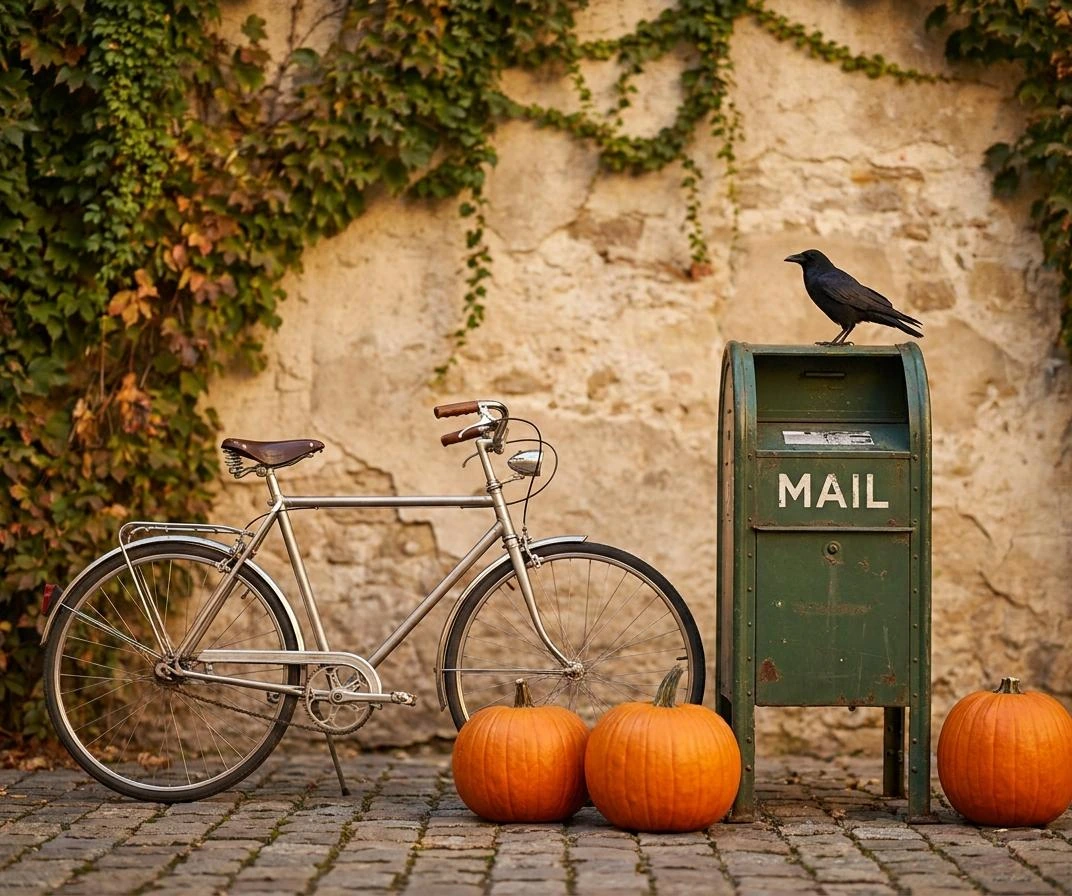 FLUX.1-dev after external harness evolution: a bicycle beside a mailbox and three pumpkins