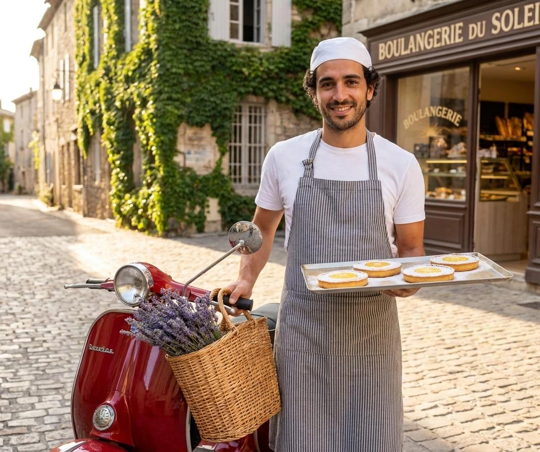 Janus-Pro after external harness evolution: a baker holding four lemon tarts beside a red scooter