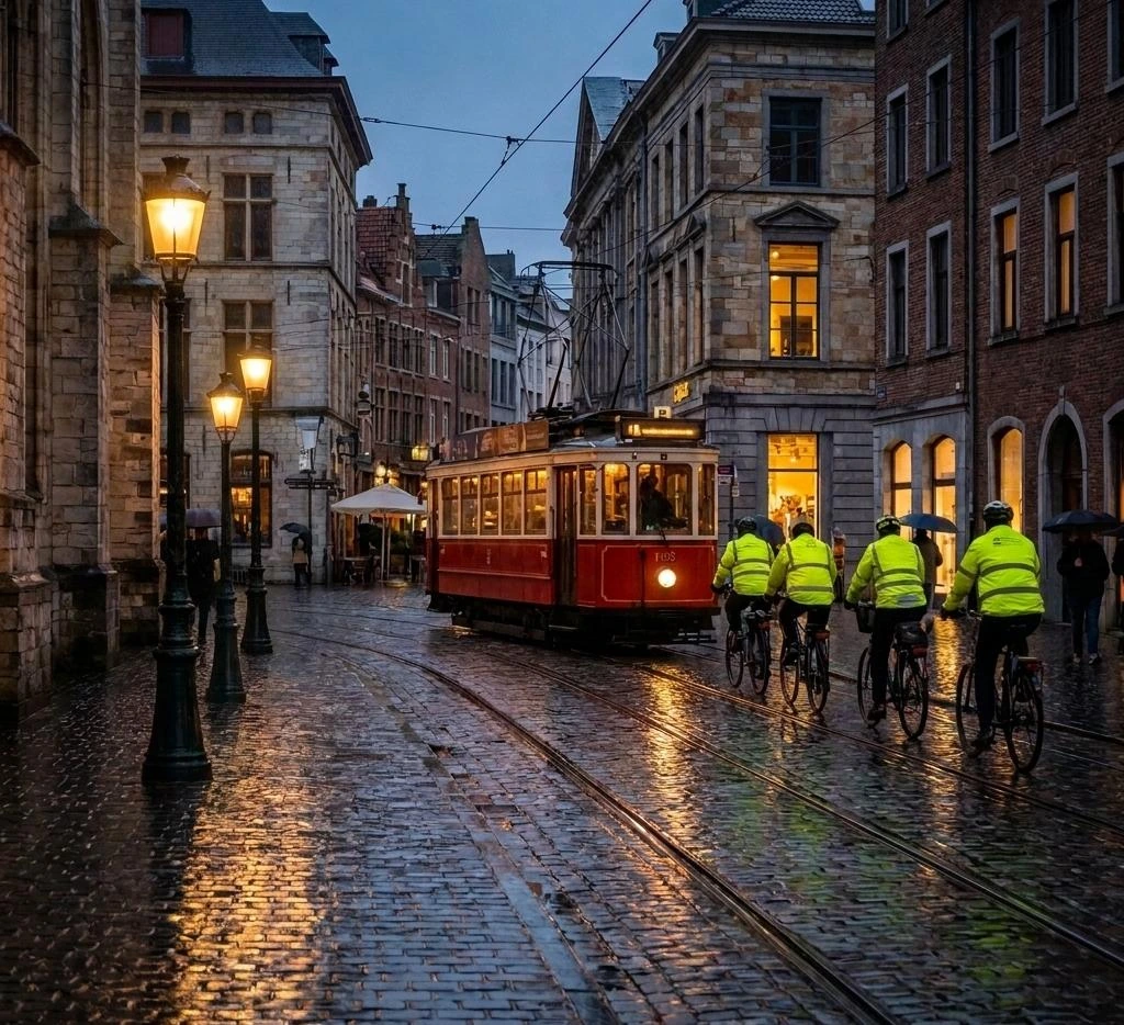 After evolution: four cyclists are visible behind the tram.