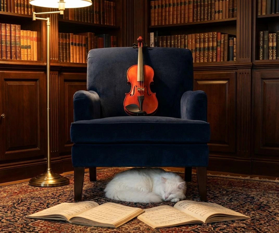 Qwen-Image after external harness evolution: a violin on an armchair with a white cat beneath it