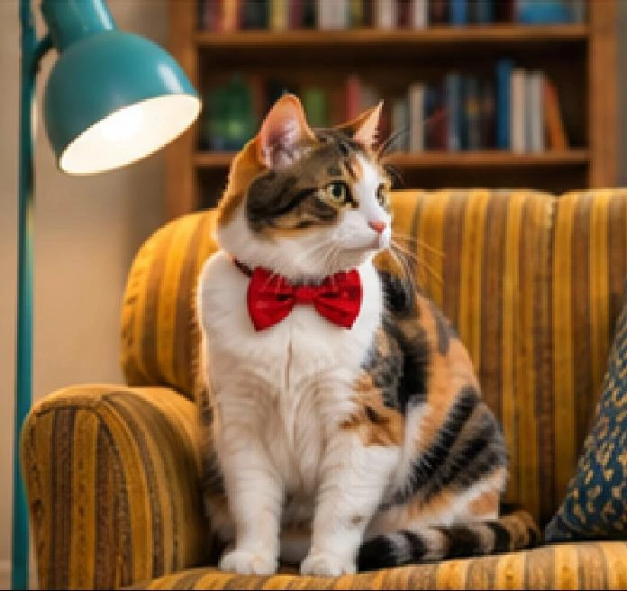 Before harness evolution: a calico cat with a red bow tie.